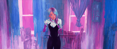 spider-gwen visibly mad and talking with a lot of hand gestures, background is very blue and pink and kinda white