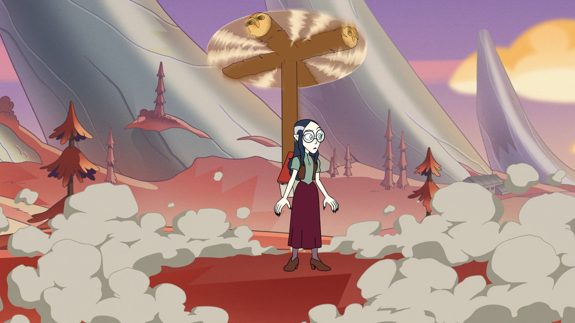 Lilith from The Owl House is standing on the ground in an outside area, she has Hooty in a backpack. Hooty is spinning his head around, using it as a propeller.