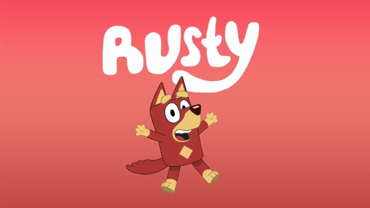 bluey character named rusty
the image has a light red gradient background, the text rusty on top and on the bottom is a Red Kelpie dog with dark-red fur, jumping from 2 legs and smiling