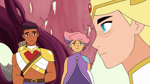 adora as she-ra looks concerned, turns to bow who goes from a neutral expression to a smile and a thumbs up