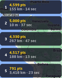 list of points. first 4 rounds are all above 4000. the 5th and last one is 791 points.