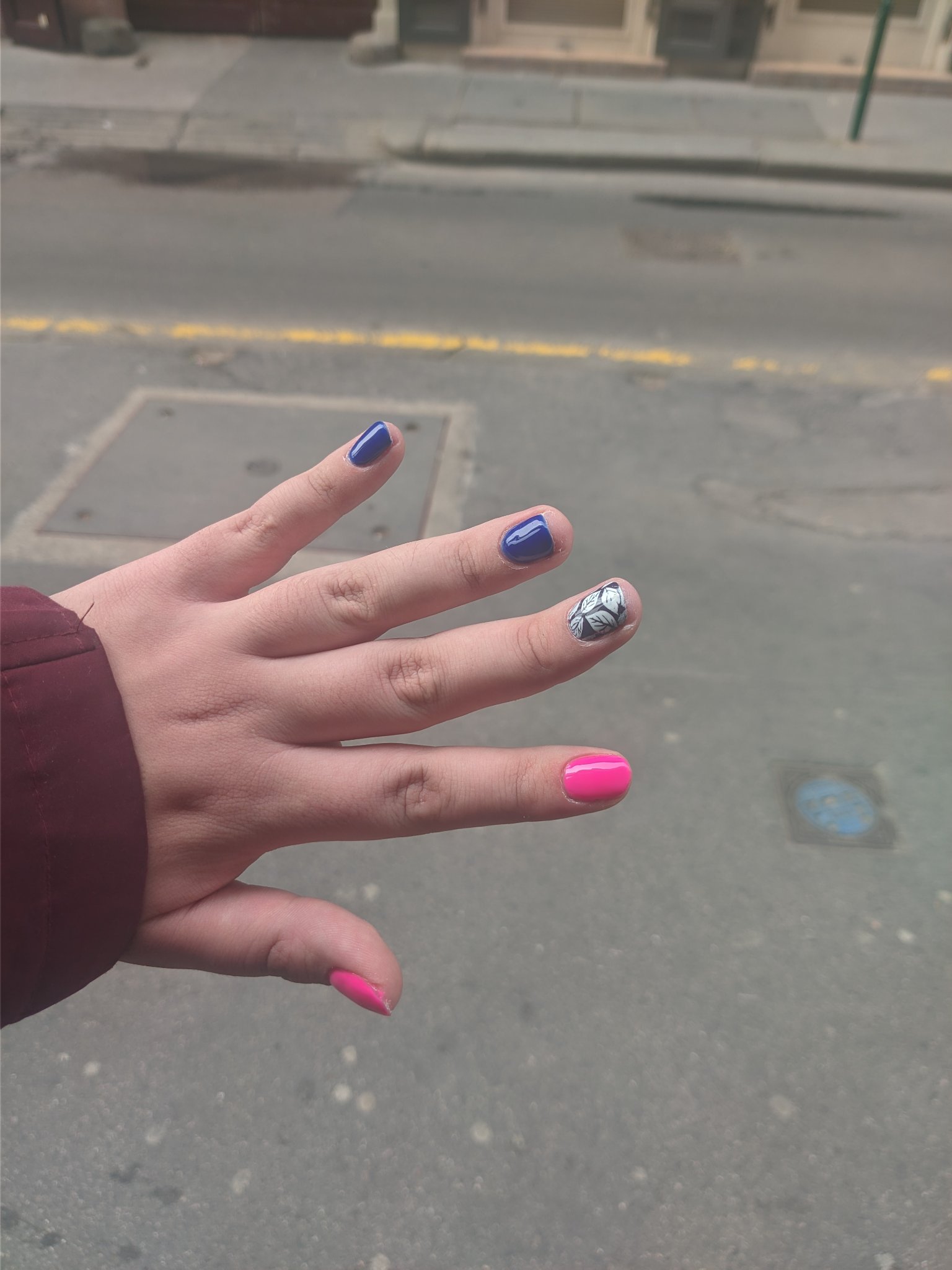 bi coloroed nails, with middle one having white leaves on it