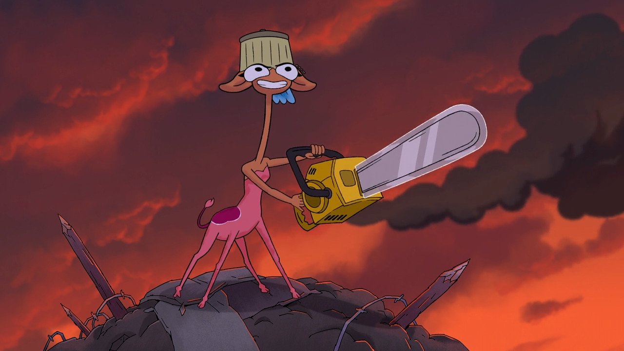 glendale from centaurworld holding a chainsaw with an orange, cloudy background