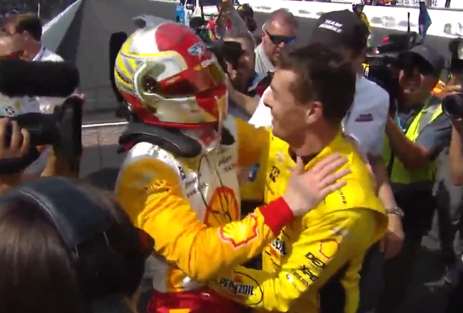 Scott McLaughlin congratulating Josef Newgarden on his indy 500 win