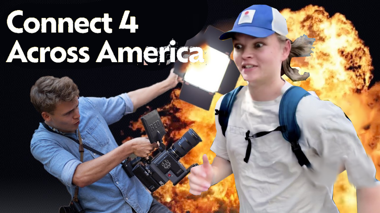 Rosberg in front of fire youtube thumbnail, but instead of Rosberg, it's Sam from Wendover/Jet Lag, and the text says Connect 4 Across America