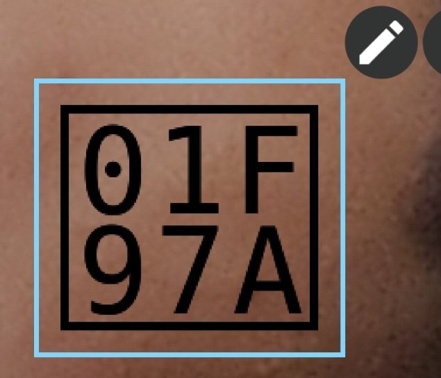 a square with 2 rows and 3 characters in each. row 1 is 0 1 F, row 2 is  9 7 A. background is light skin color, there's also a pencil (aka edit button around the square)