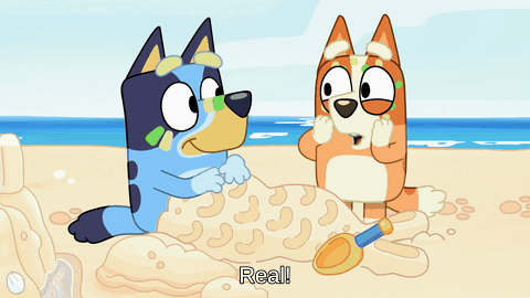 bingo from bluey excitedly putting her hands against her cheeks on the beach, while saying "real!"