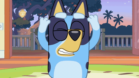camera zooms in on bluey, who has a shocked and disappointed expression, screaming "nooo"