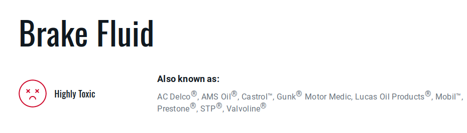 break fluid listed as highly toxic