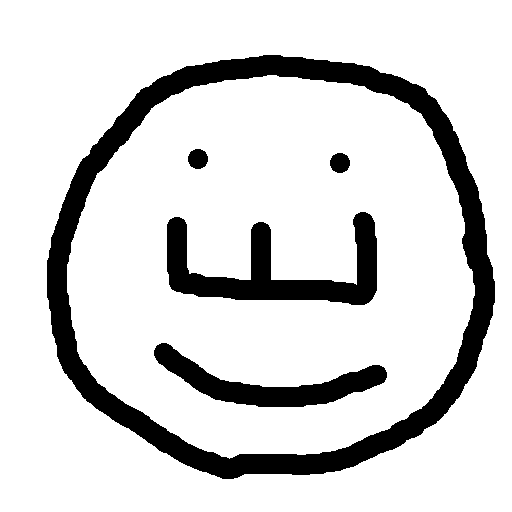 very minimalistic drawing of a circular head, with 2 eyes, a nose shaped like the letter E and a mouth