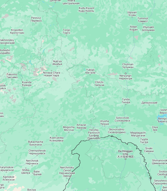 map of russia north of the chinese border - we can see a big greenish background, a bunch of city names, and dashed borders. there is also a grey road that you might have to actively look for to see in the image