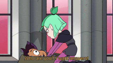 gif of The Owl House - Amity is shaking Luz and says "Who are you? I want answers!"