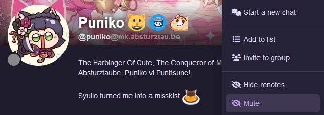screenshot of Puniko's profile with the Mute button being highlighted (hovered, but cursor is not visible)