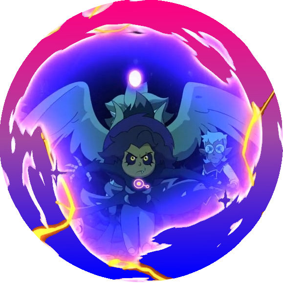 titan form of Luz in a circle of magic, the image is cut to be circular. the circle has the colors of the bisexual flag as a gradient.