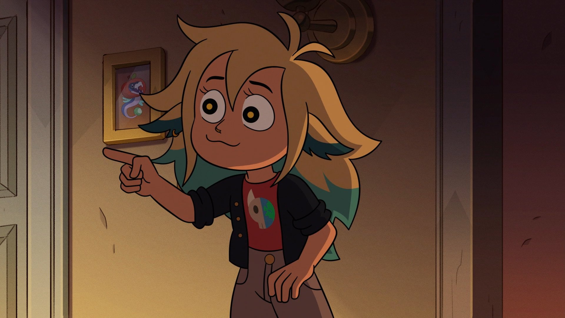 Vee from The Owl House in a red shirt that has a split human realm/demon realm symbol - human realm is symbolized by half of the earth, demon realm by half of the skull of a titan