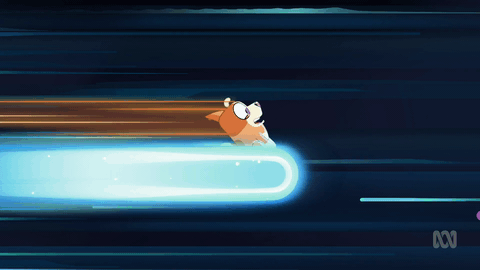 bingo quickly heading towards the right, only the background is moving, which is space and what i assume to be stars. bingo is laughing.