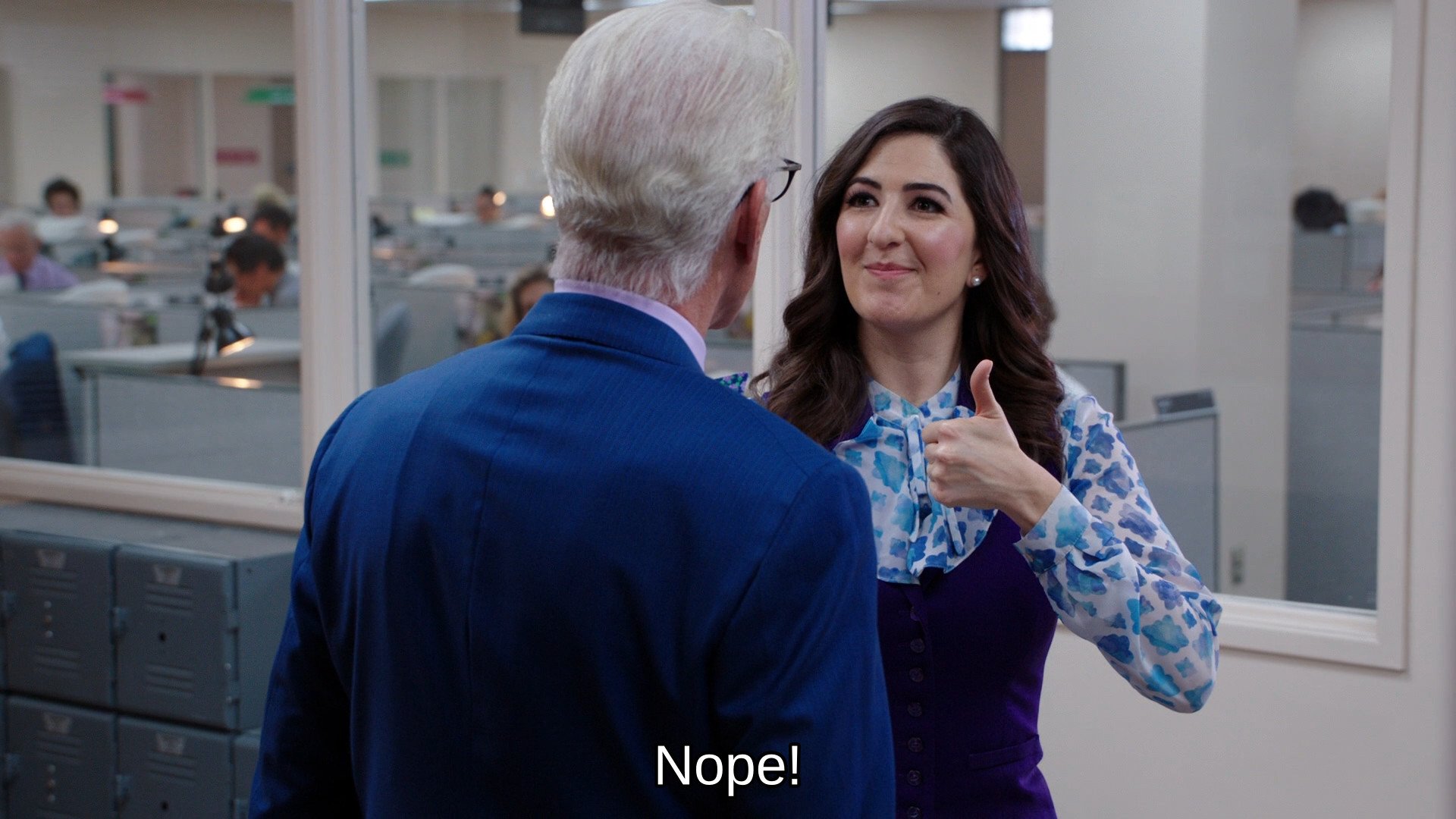 janet showing a thumbs up to michael while saying "nope"