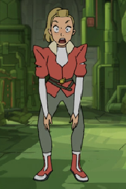 adora is standing with bent knees, hands fully straight down, her face is as stunned as it can be