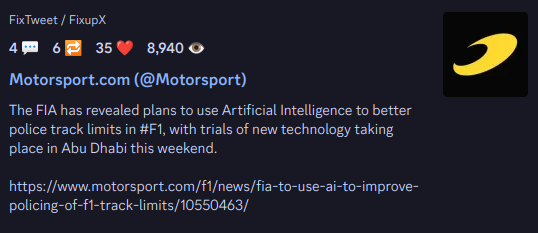 motorsport dot com tweeted: The FIA has revealed plans to use Artificial Intelligence to better police track limits in #F1, with trials of new technology taking place in Abu Dhabi this weekend.