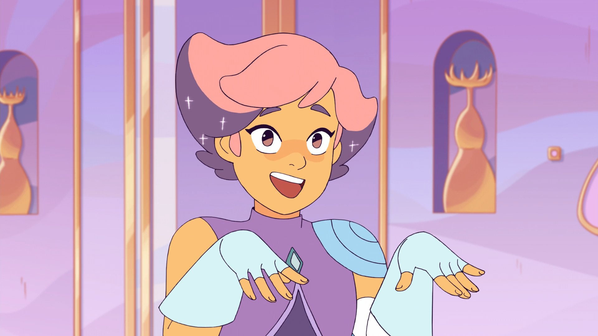 Glimmer has her hands out like the gay meme, hands going down from shoulders, then going up from elbow, rigidly down again at wrist