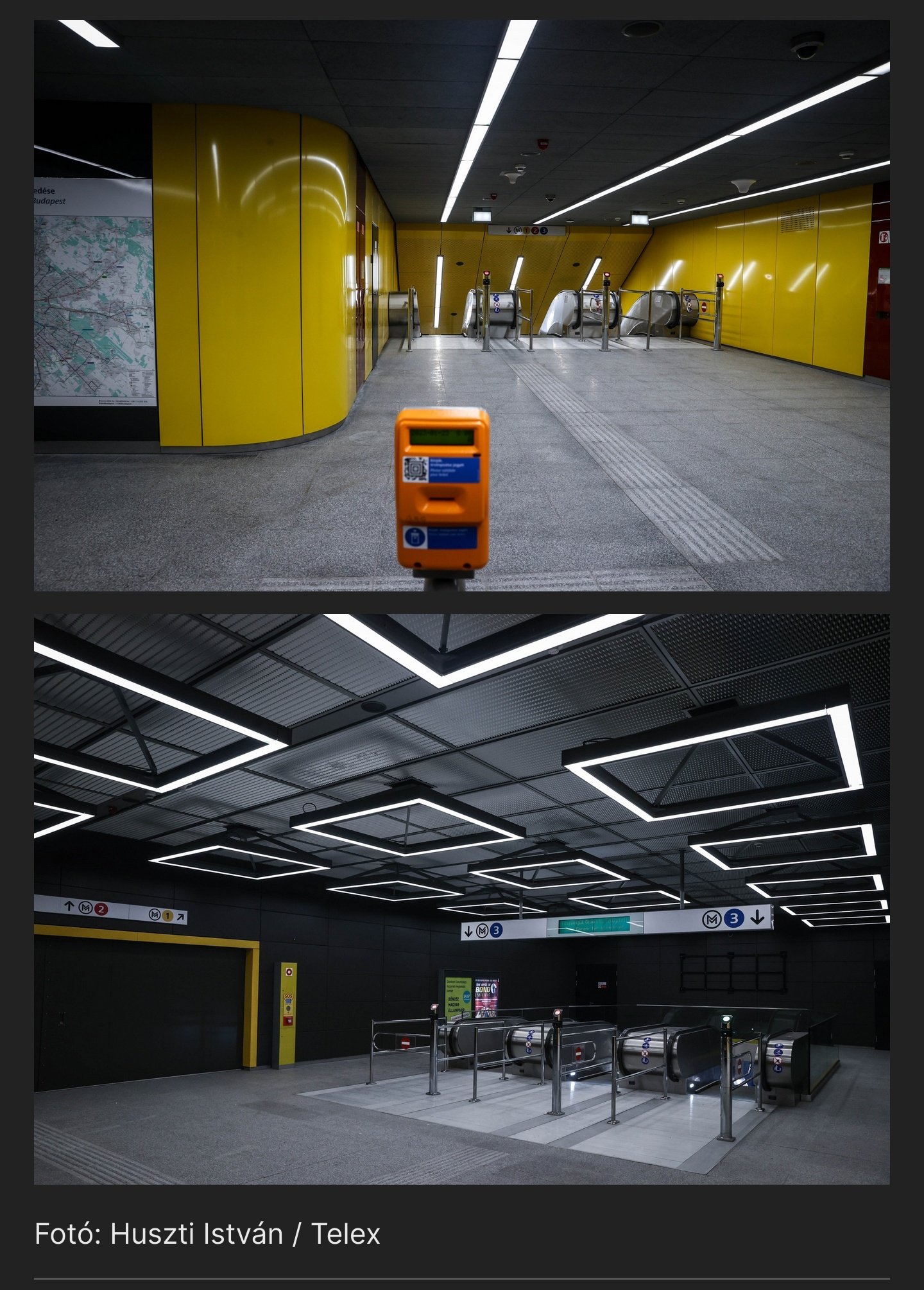 2 photos from an article, 1st one is a ticketing machine in front of escalators towards the metro with shiny yellow walls, 2nd one has black walls and is an escalator towards metro line 3