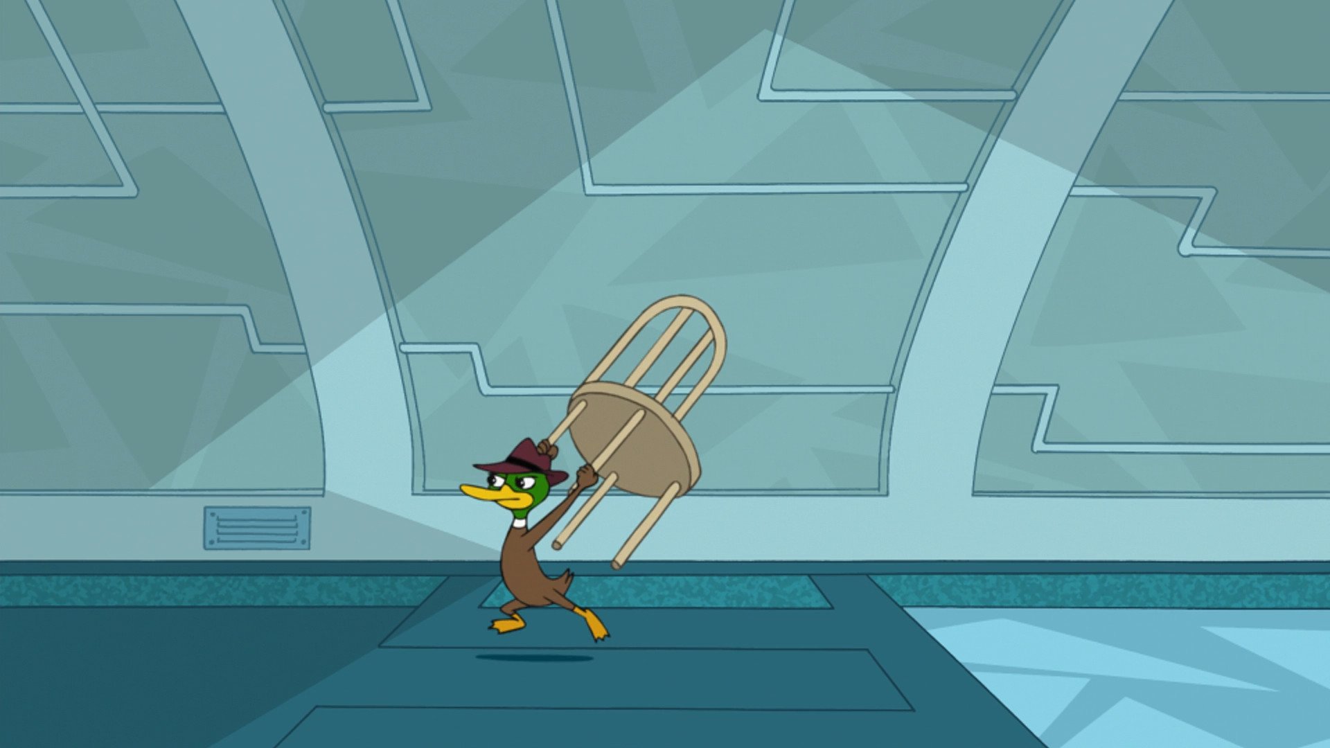 duck from O.W.C.A running around with a chair, clearly into a fight