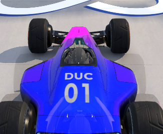 car with colors that are a gradient taken from the bi pride flag, with duc written on it