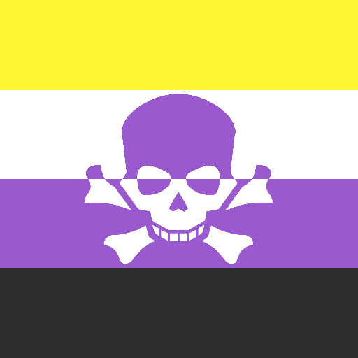 non-binary flag with a skull on top of the white and purple, with the skull colors being purple and white (kind of like greenland flag)