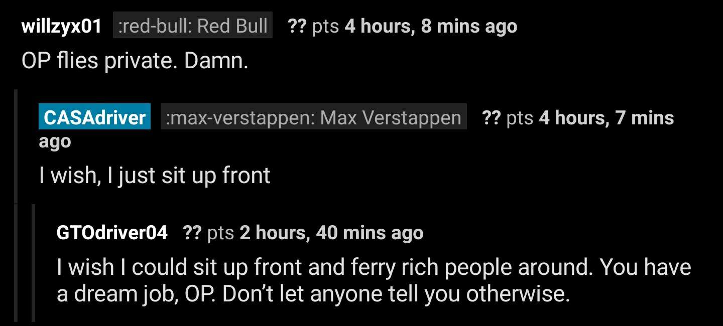 comment section screenshot of reddit.
commenter 1: "OP files private. Damn."
reply by OP: "I wish, I just sit up front"
reply to OP by commenter 2: "I wish I could sit up front and ferry rich people around. You have a dream job, OP. Don't let anyone tell you otherwise."