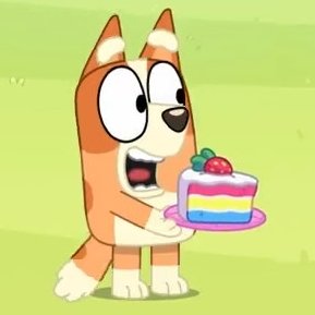 bingo holding a cake while screaming. the cake has pink, yellow, and blue colors.