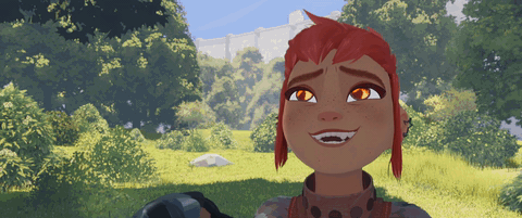 nimona and bal are in frame, nimona has fires in their eyes, showing devil-style rock symbol with their hands, saying "metal", a bunch of stuff is falling. something hits bal at the end, knocking him out.