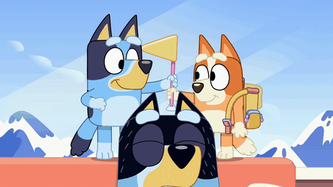bluey and bingo pretend bandit is a mountain, and plonk a flag on his head with force, waking him up with an intense reaction