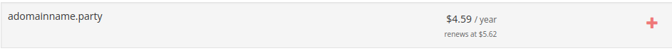 adomainname.party from the porkbun domain search, shows as $4.59 / year, renews at $5.62 / year