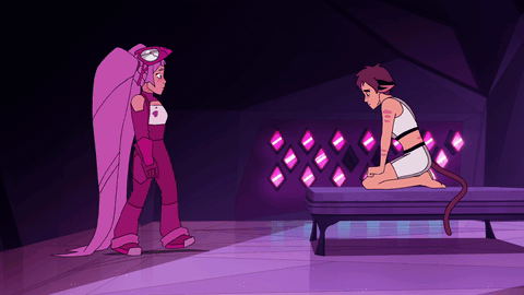 entrapta giving headpats to short-haired catra in darla (the spaceship)