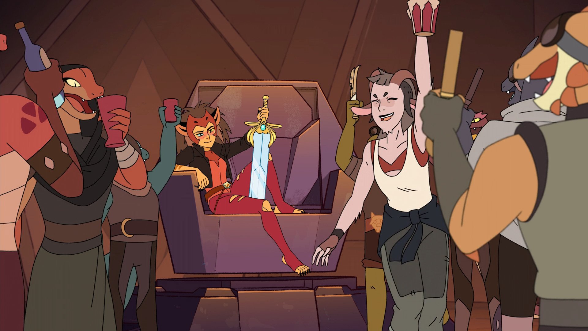 catra sitting in a throne in the crimson waste with the sword of protection between her legs. one of her followers from the waste is raising a toast to her.