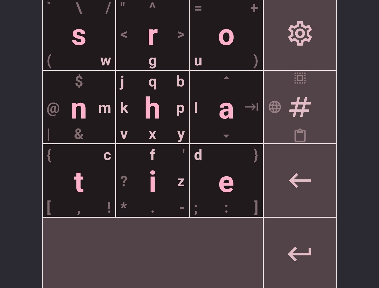screenshot of a phone keyboard app where the letters are a block of 3x3, with 9 main letters on each block and smaller letters in the 9 directions around the blocks, for swiping