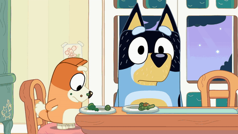 bingo pretends to be a bird and hits her nose repeatedly against her plate, to try and eat like that