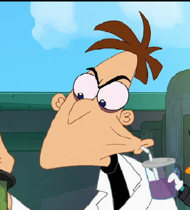 doofenshmirtz is in the frame, his mouth is weirdly attached to his cheeks while his slurping on a drink