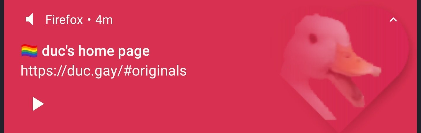 Firefox notification of media playing on my site, with the red color of the heart from the favicon filling the screen