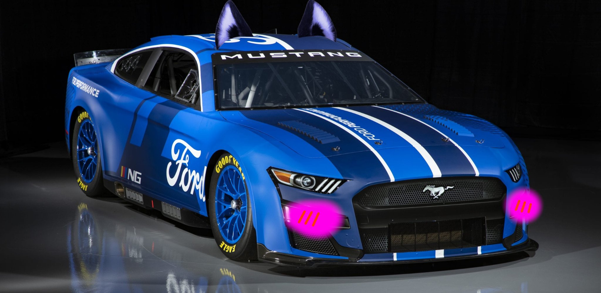 blue NASCAR next gen car with blue-ish cat ears and blush