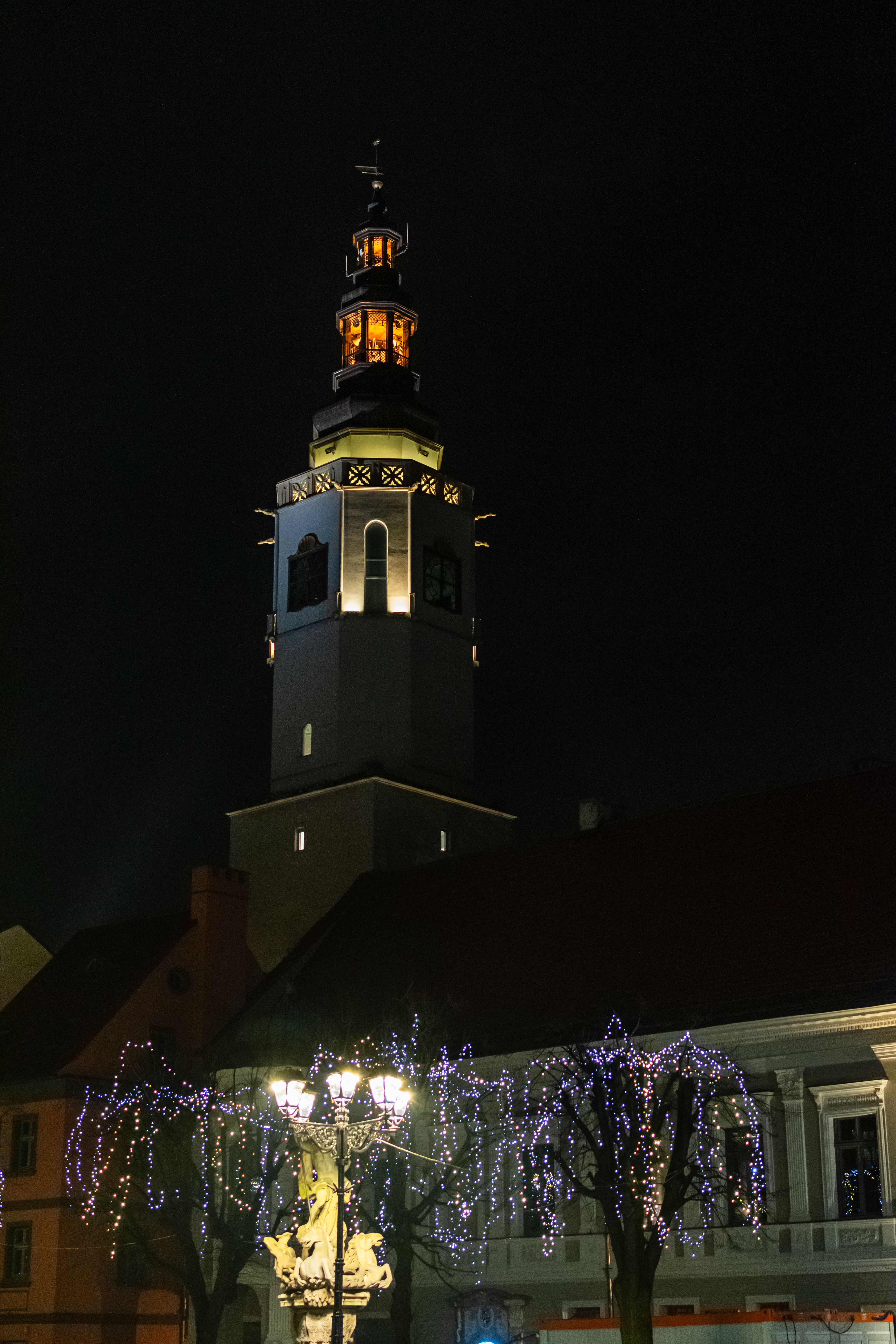 illuminated city hall tower