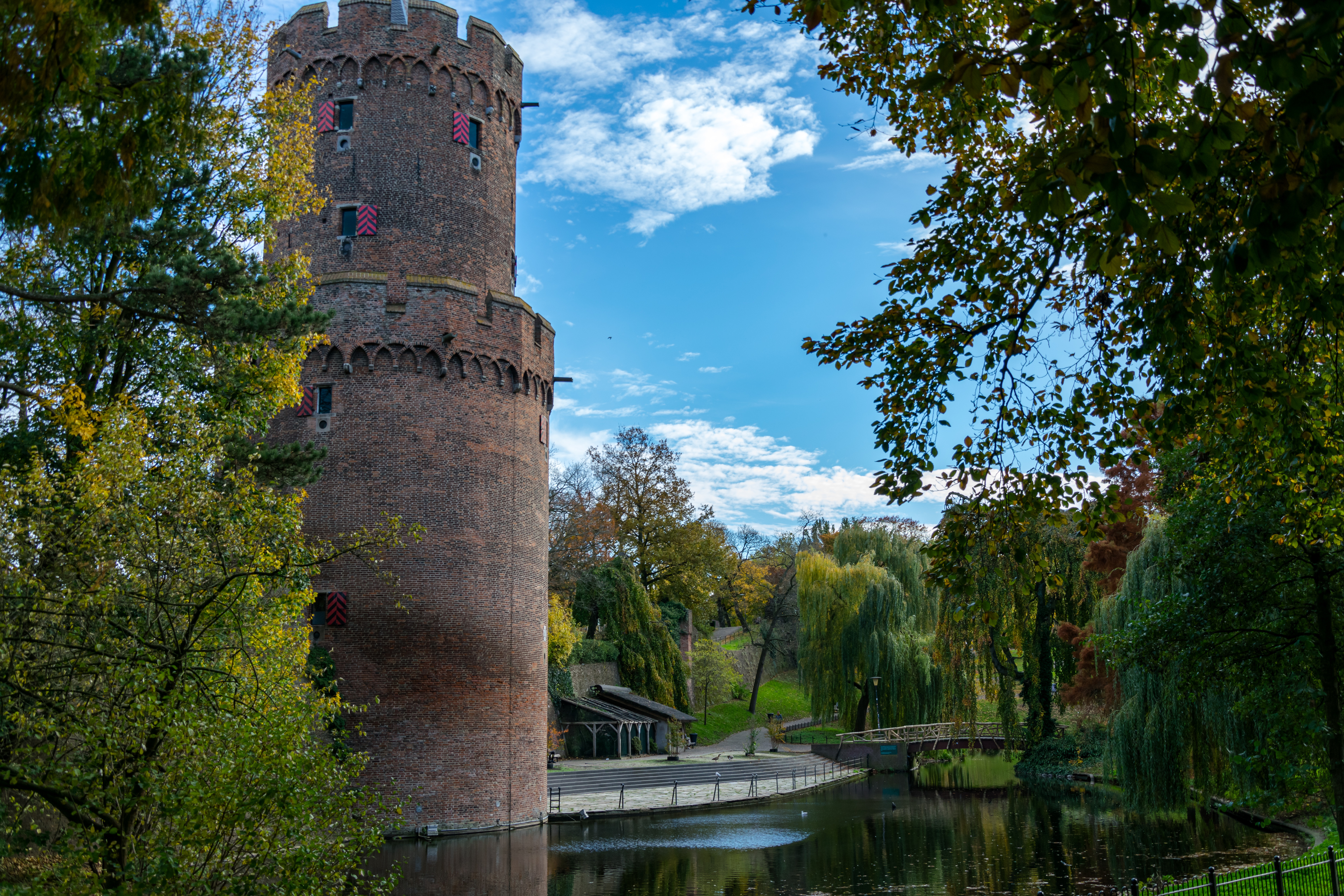Tower next to a pond in a park