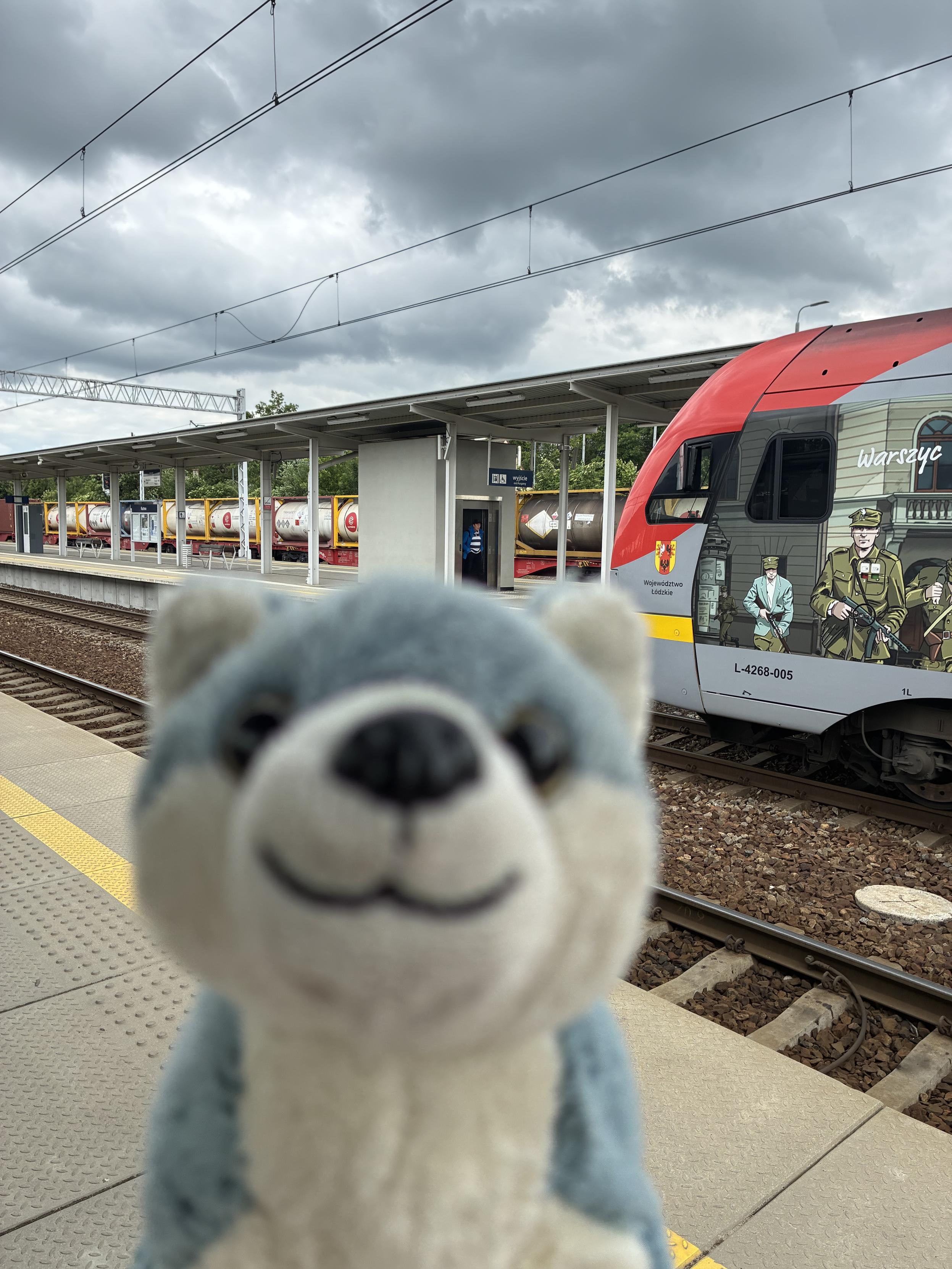 train station with a commuter train on the platform across and a freight train in the distance; all that is obscured by an out-of-focus dog plushie in the front of the picture