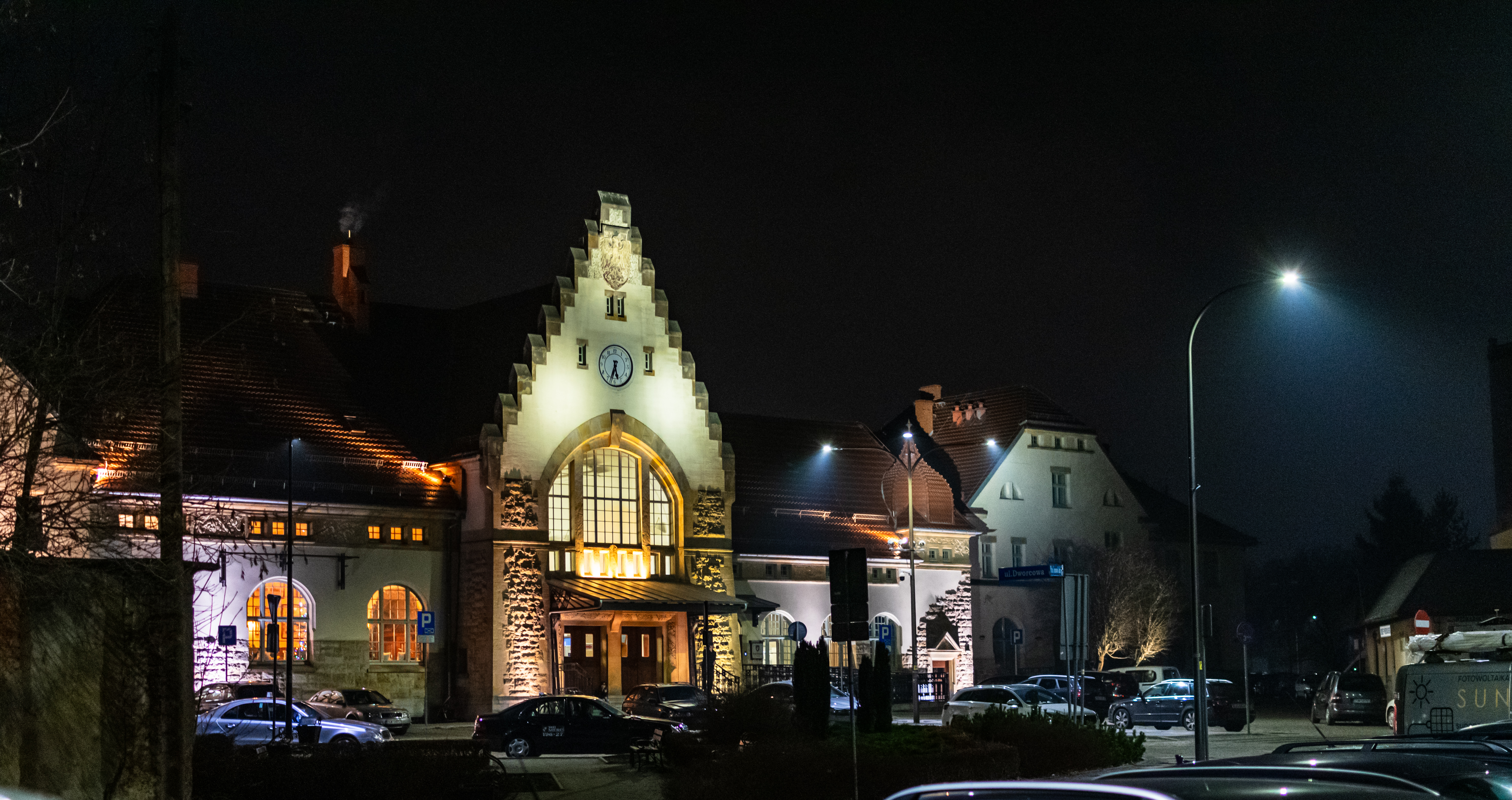 illuminated old train station building