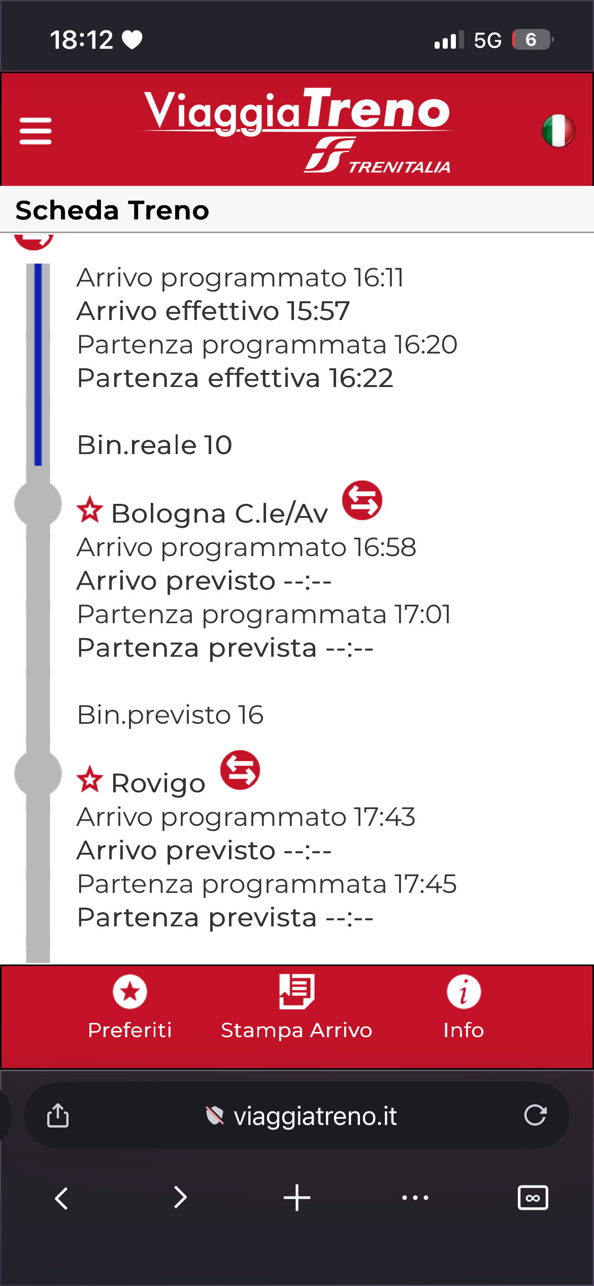 Viaggia Treno showing the train as predicted on platform 16, with no real data