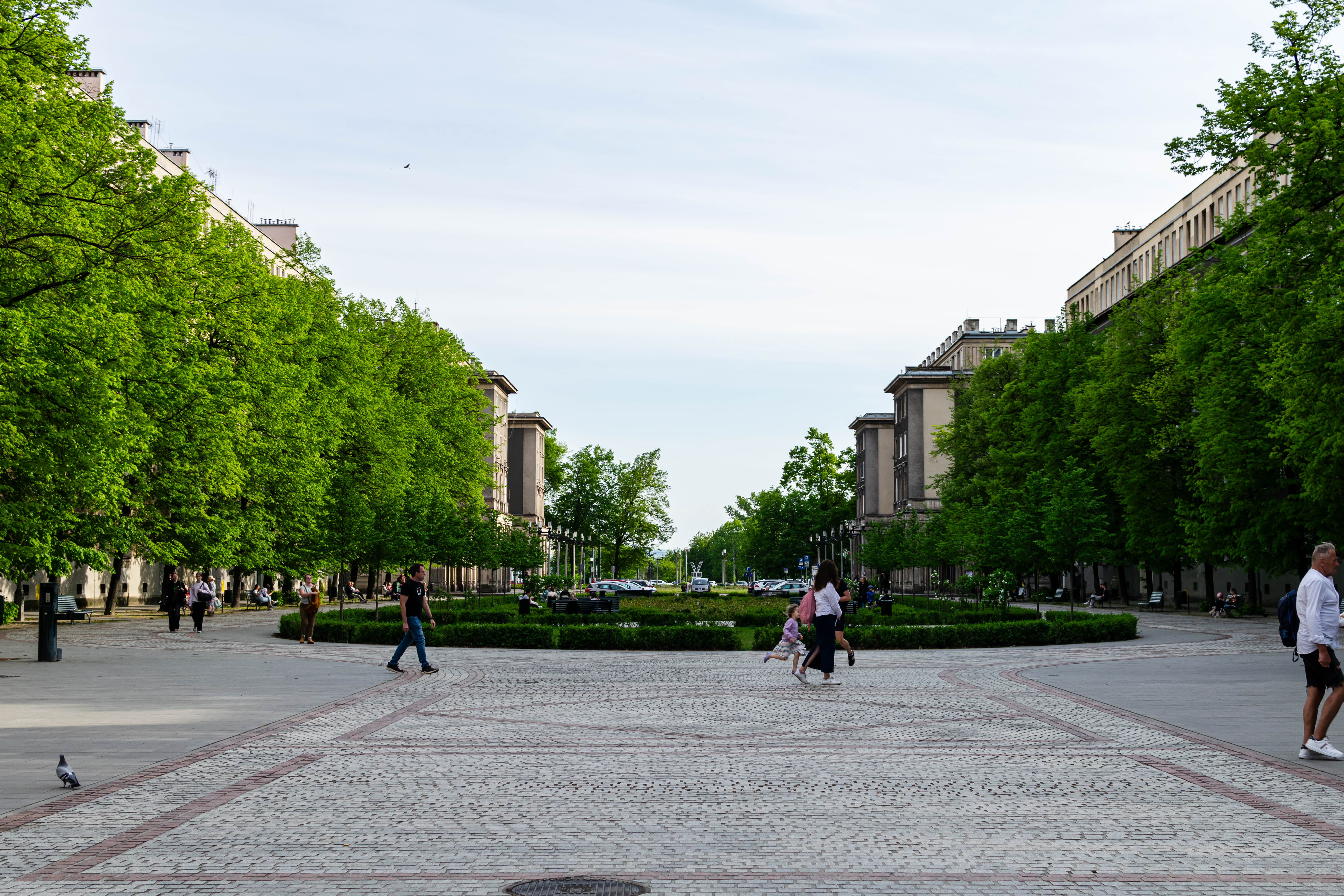 wide pedestrian alley with many trees and buildings on both sides