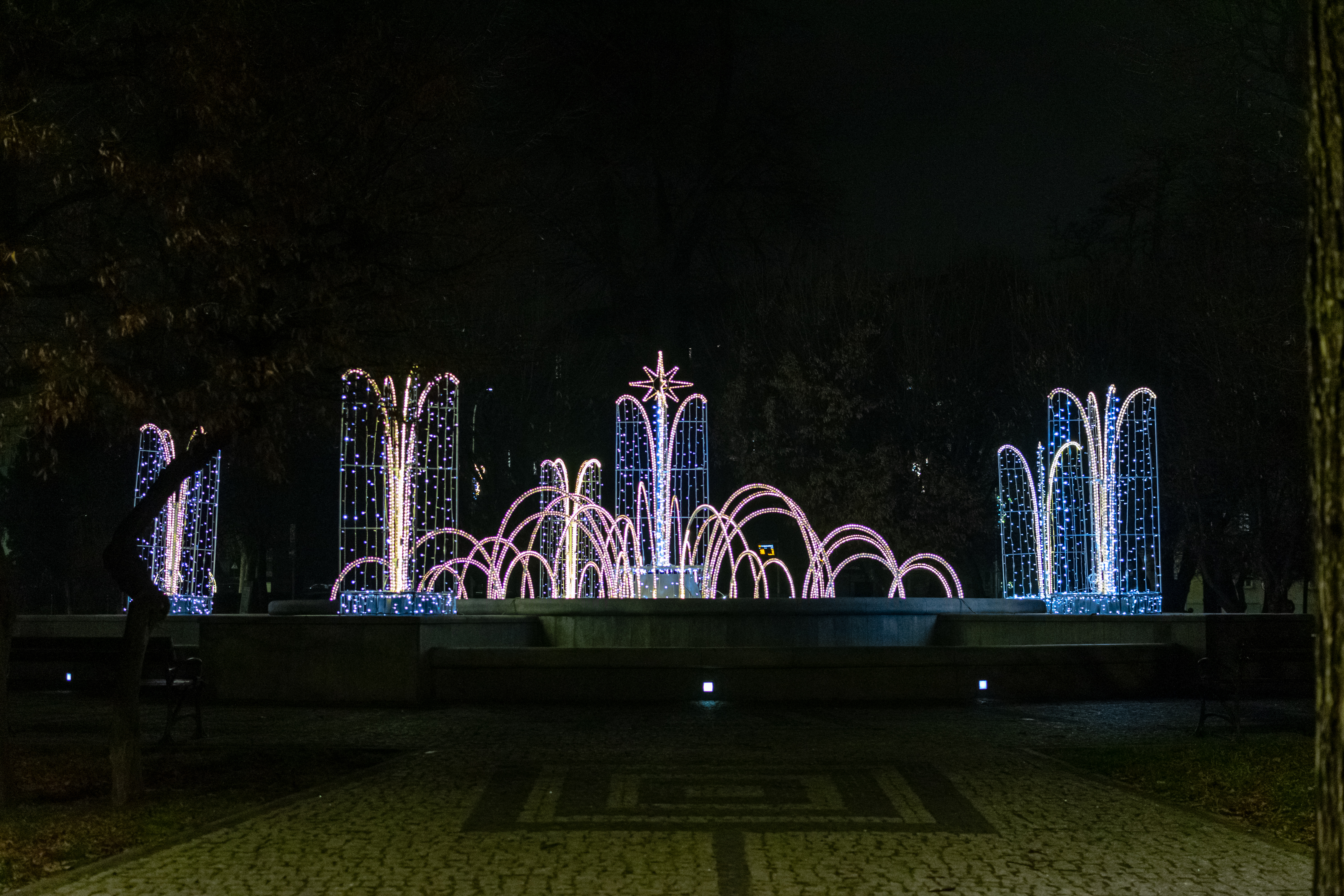 fountain full of various christmas lights during night