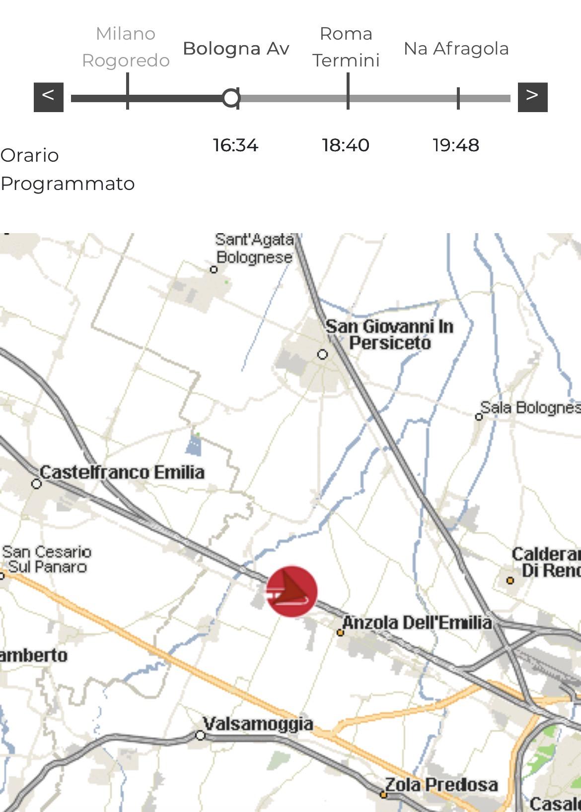 onboard portal showing my Freccia stuck ~20km outside of Bologna, where arrival time is listed as 16:34 (10 minutes ago)