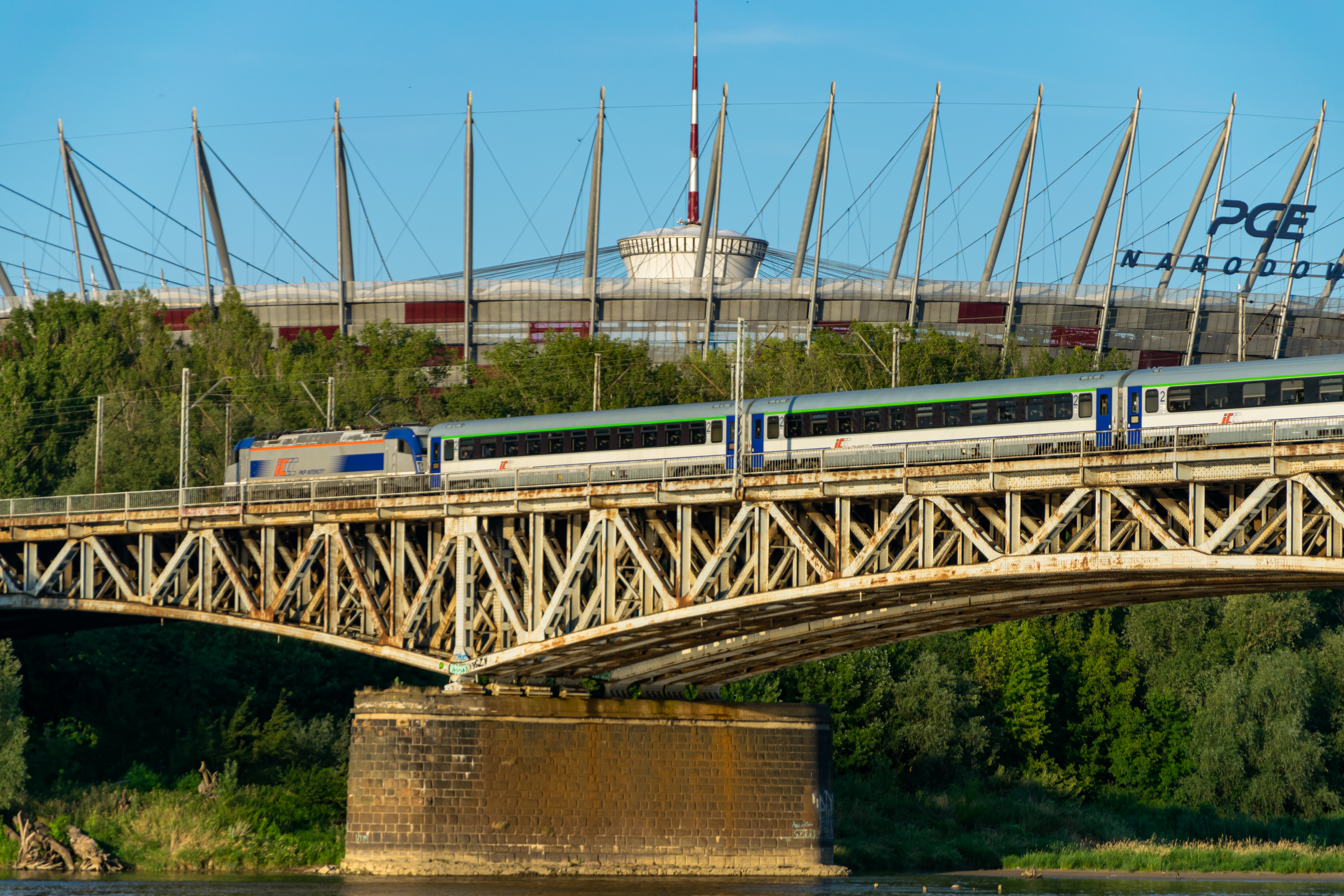 blue-silver loco pulling coaches