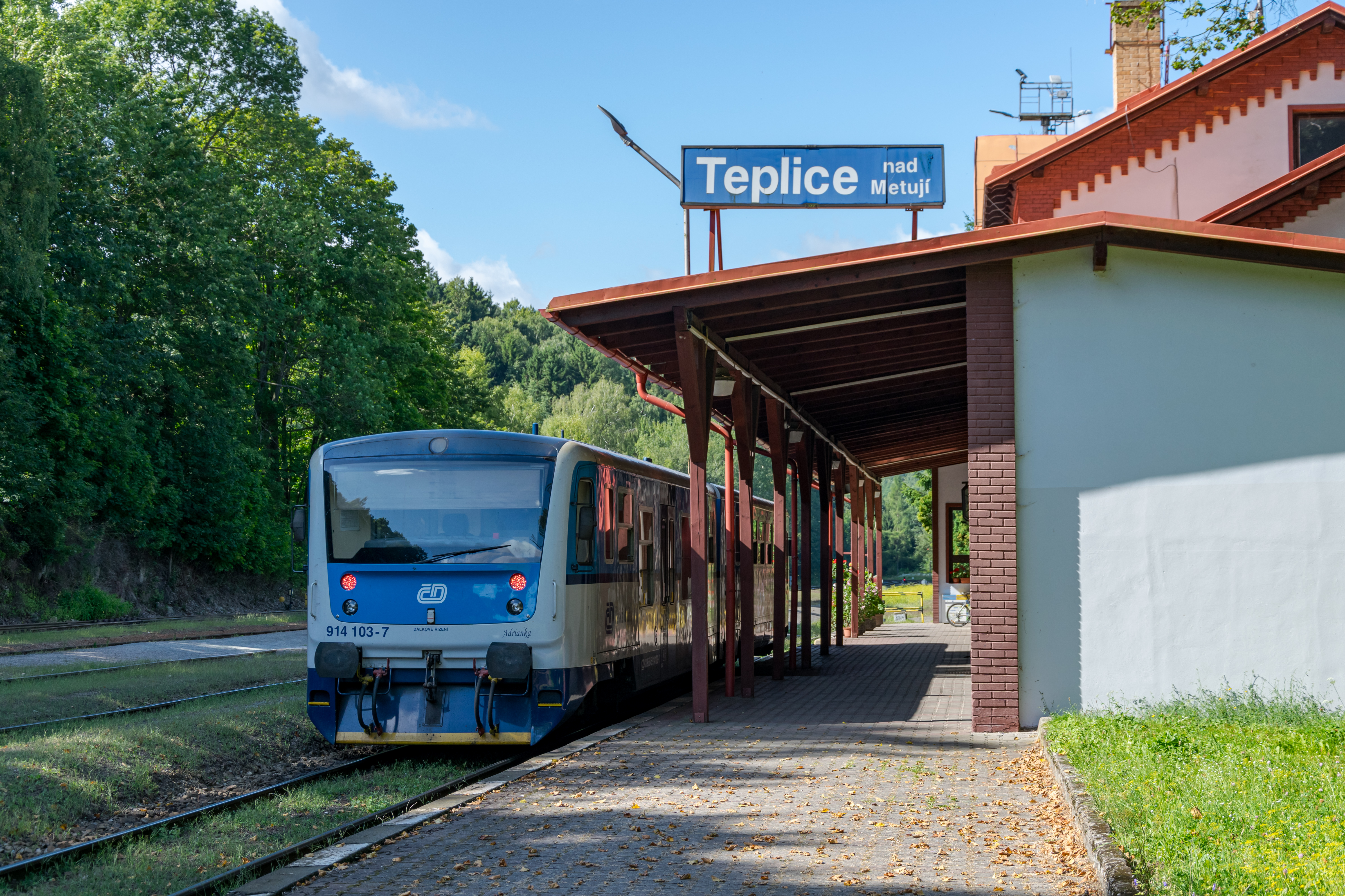 blue-white train under a wooden canopy attached to the brick station building, scenery consists of blue sky and lush greenery